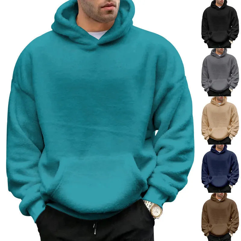 Double-sided velvet hooded sweater men's plush pullover with pockets navy blue cotton blend