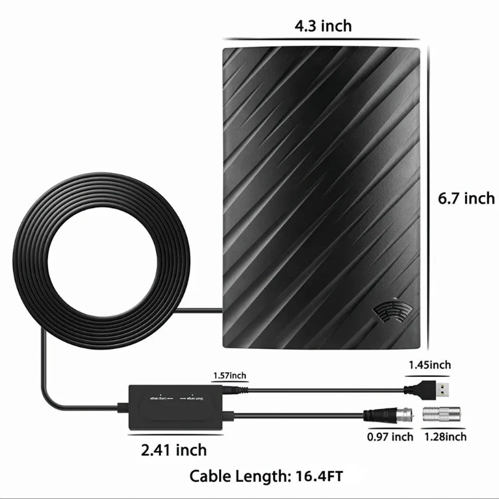 Black plastic indoor digital television antenna with HD Mode and mounting accessories