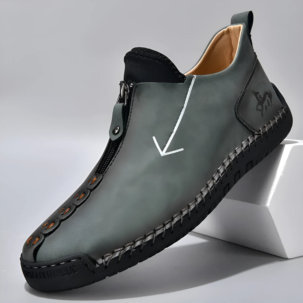 Men's leather-style boots with front zipper closure in multiple colour options
