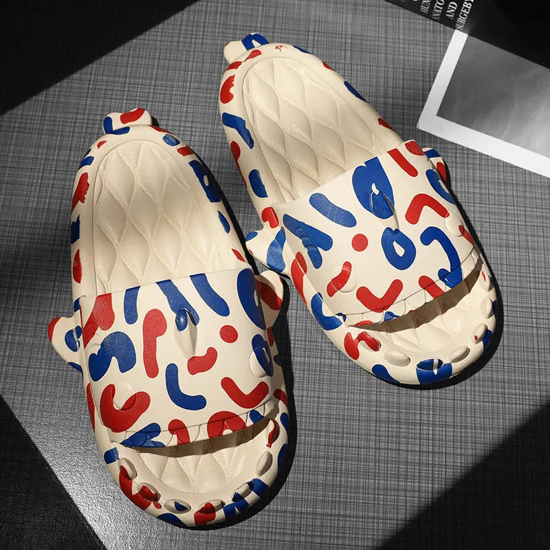 Shark design open-toe EVA foam couple slippers in beige colour, shown in a pair.