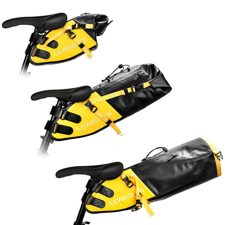 Waterproof PVC bicycle tail bag in yellow, black or green, showing 13-litre capacity for cycling tools.