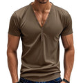 Men's loose fit thin V-neck pullover top in a solid colour with button detail.