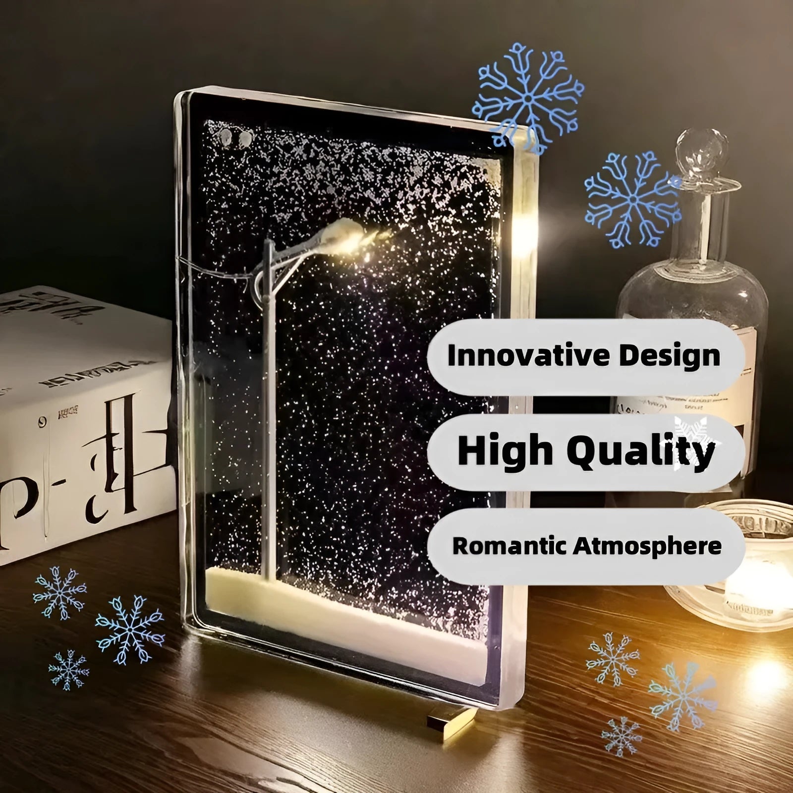 DIY snowy night landscape lights kit showing small street light with flowing snow effect for desktop decoration