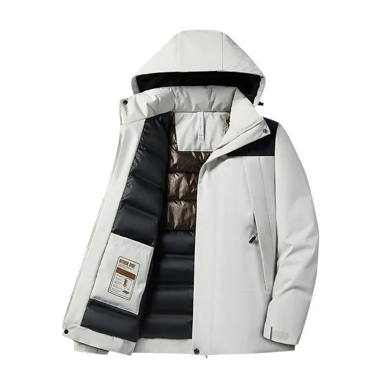 Winter thicken thermal shell jacket in black, waterproof polyester with contrast colour details for outdoor skiing and hiking