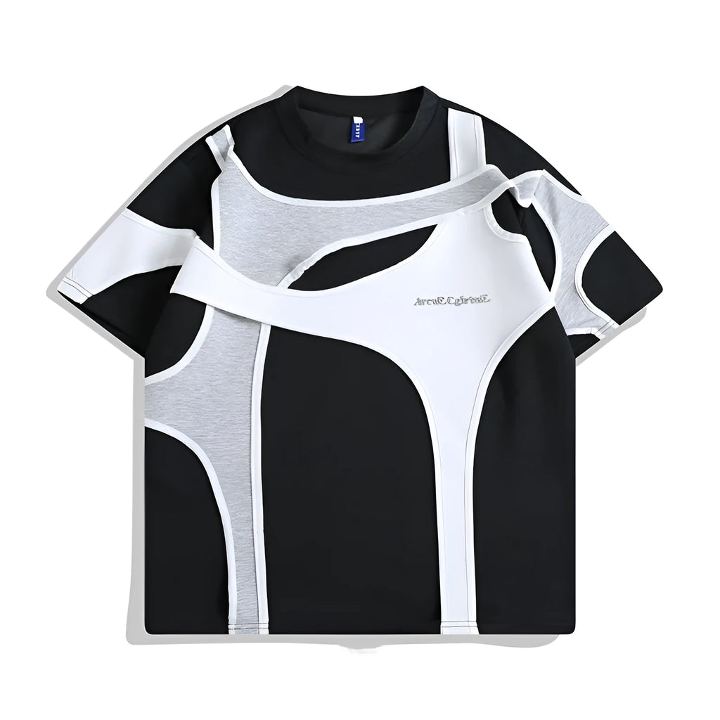 Men's black loose fit T-shirt with double stitching at padded shoulder strap, short sleeves, round neck collar