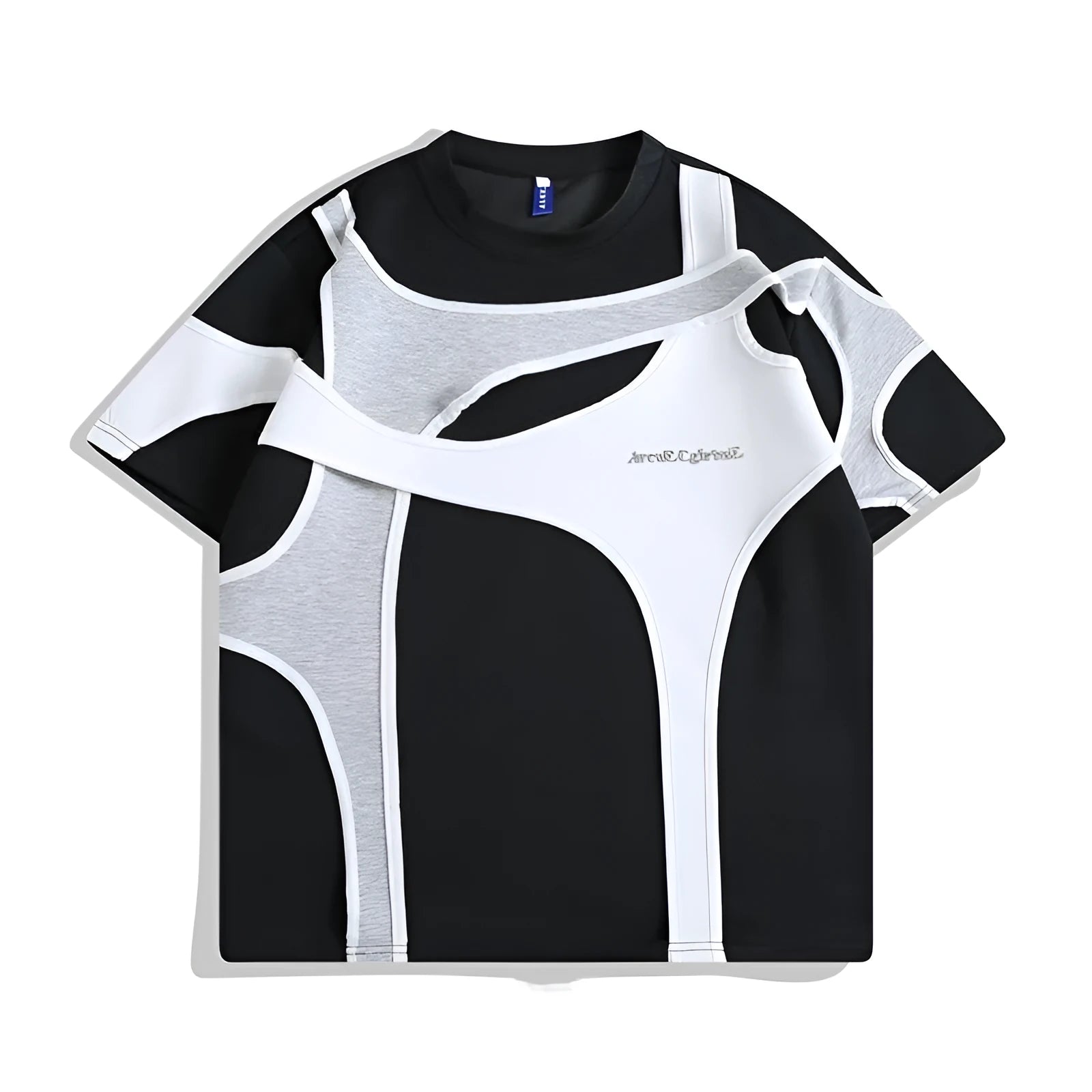 Men's black loose fit T-shirt with double stitching at padded shoulder strap, short sleeves, round neck collar