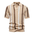 Man wearing a light blue striped short-sleeved polo shirt, a breathable viscose blend fabric for business casual wear.