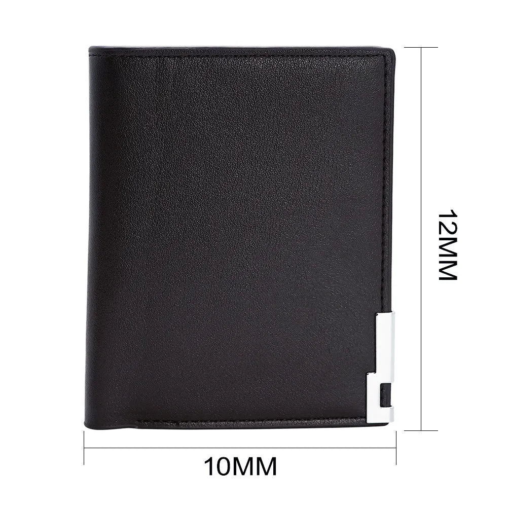 Men's leather wallet with a zipper closure, presented as a gift.