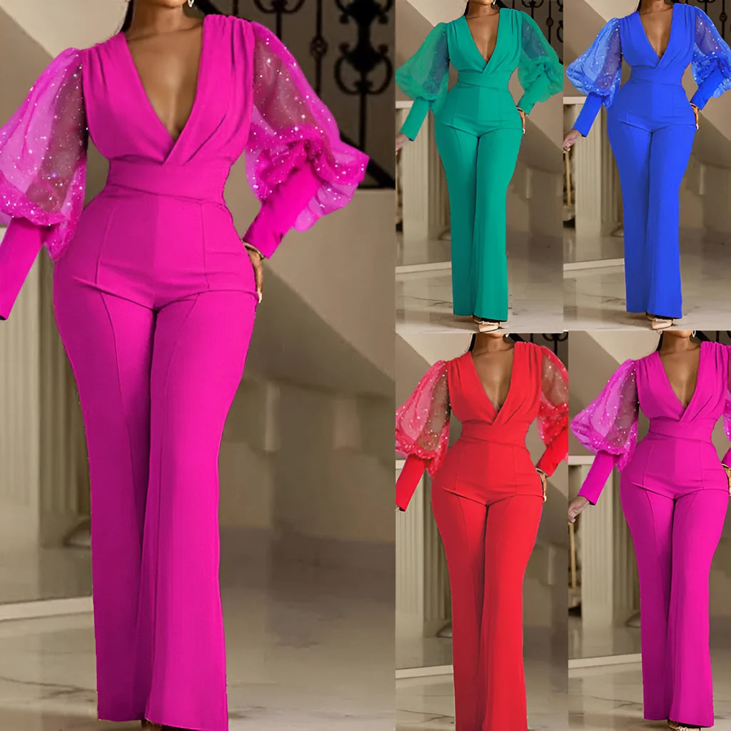 Red women's jumpsuit with mesh stitching on long sleeves, slim waist, and wide-leg trousers