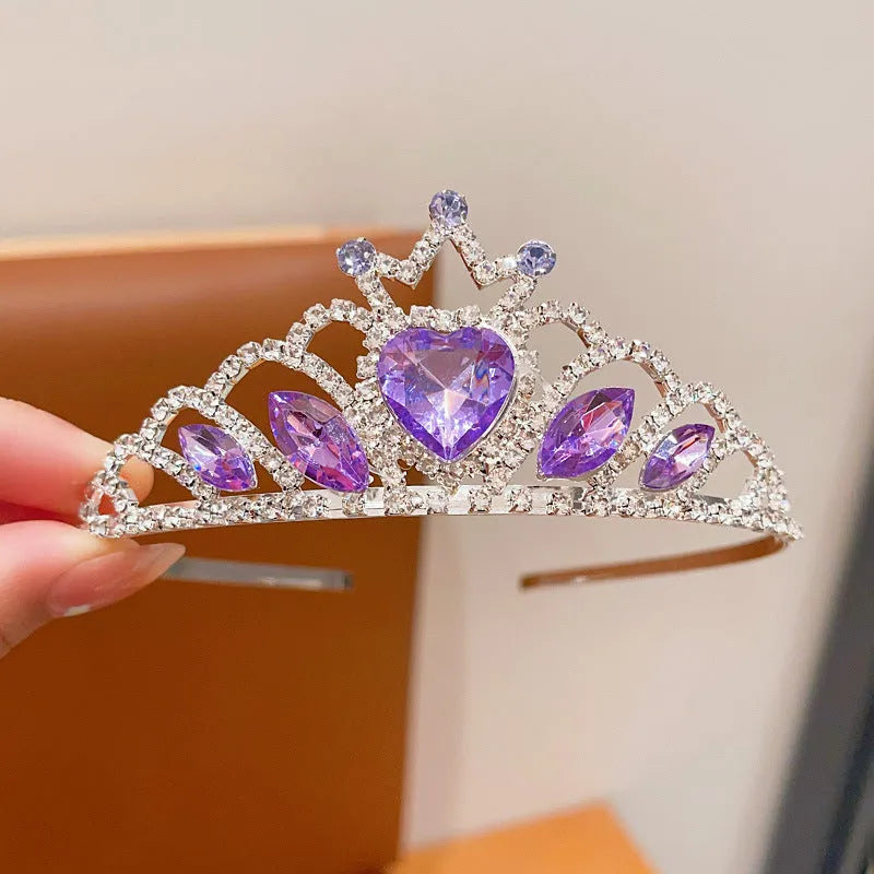 Children's electroplated alloy crown headband headdress in pink, light blue, and light purple crystal colours.