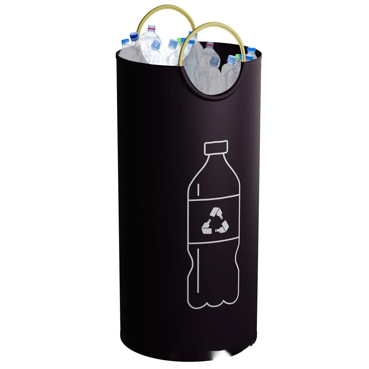 Round portable PP plastic trash can, 38x72cm, shown with included garbage bag.