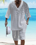 Men's printed drop-shoulder knitted short-sleeved top and matching shorts suit in a polyester blend fabric.