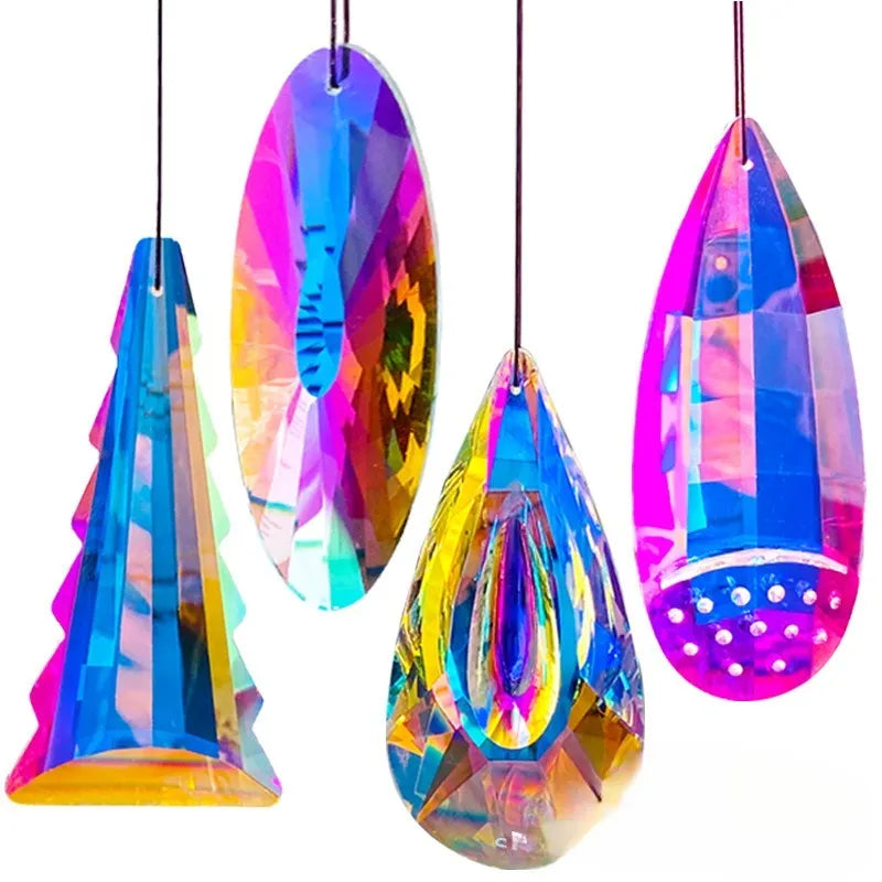 Rainbow electroplated colour crystal Christmas tree and garden decorations showing light-catching properties