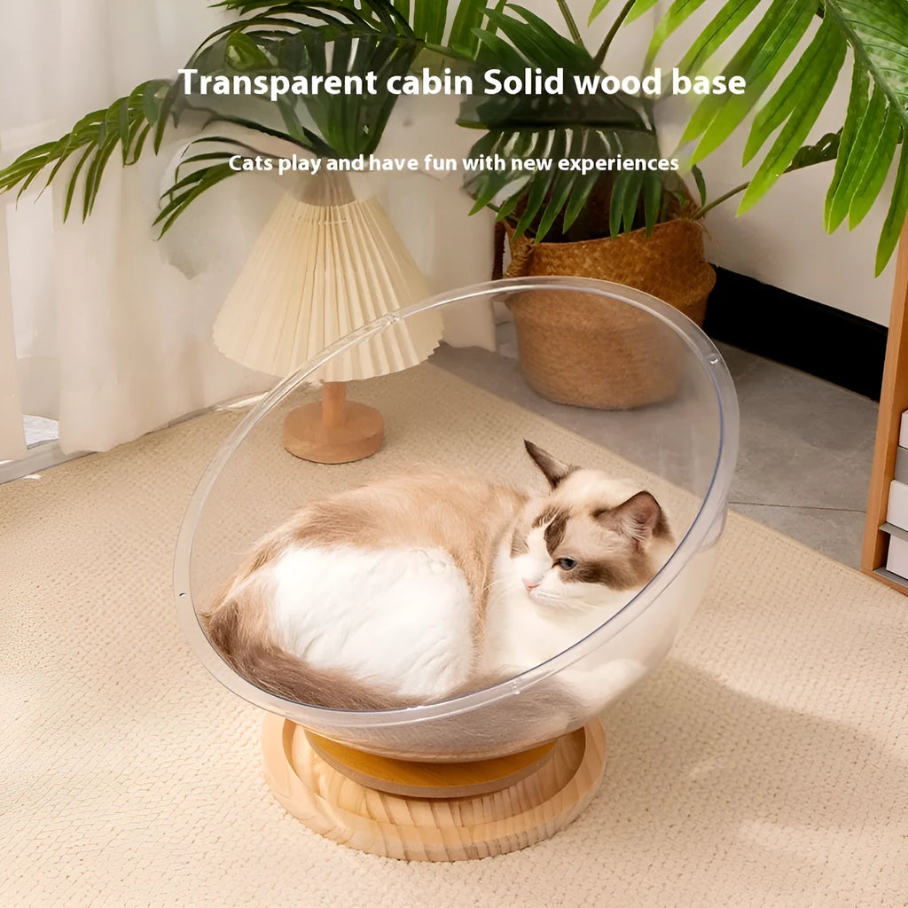Transparent acrylic cat space capsule bed with turntable base in bathtub shape