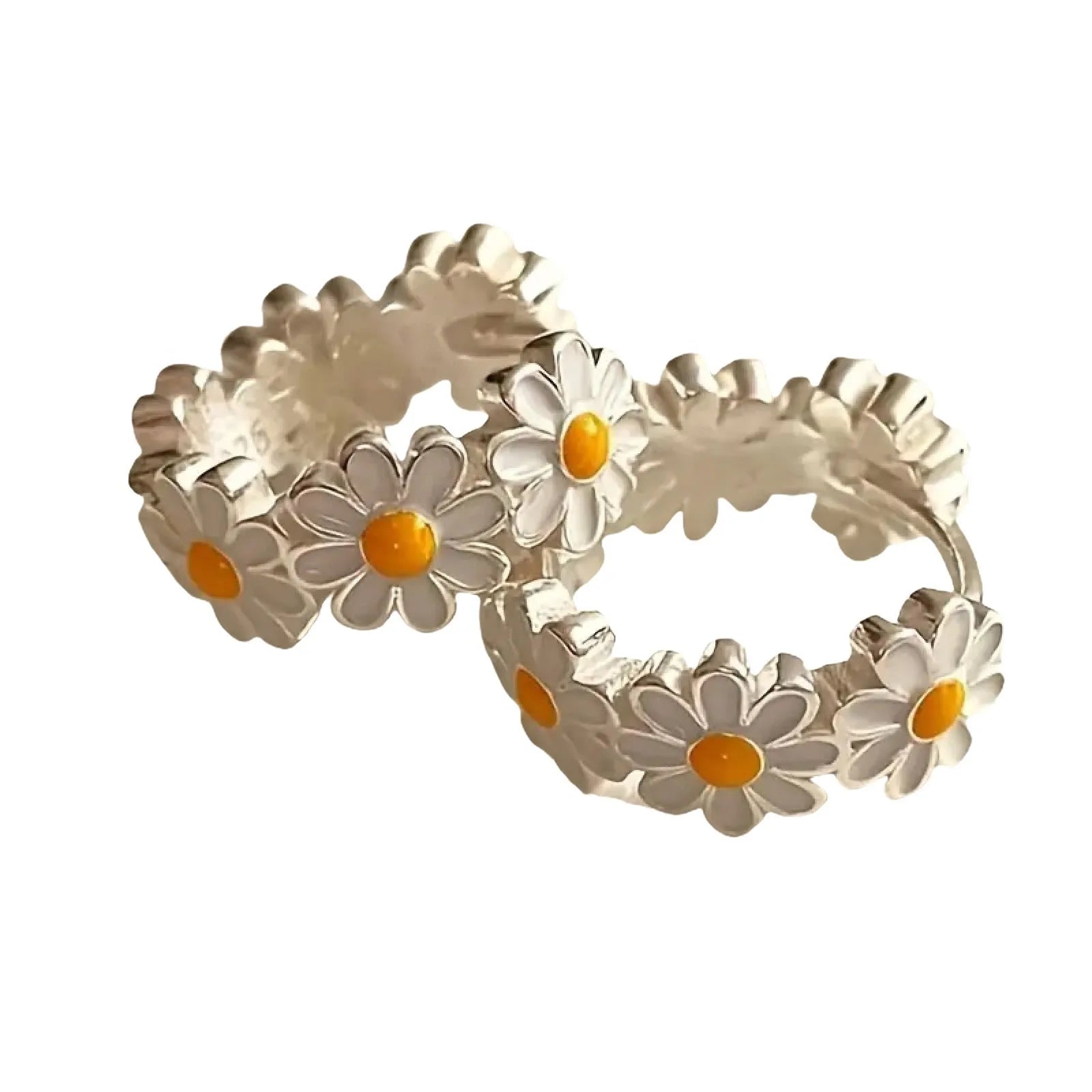 White daisy flower ring earrings with electroplated copper and platinum/kplatinum inlaid gemstones