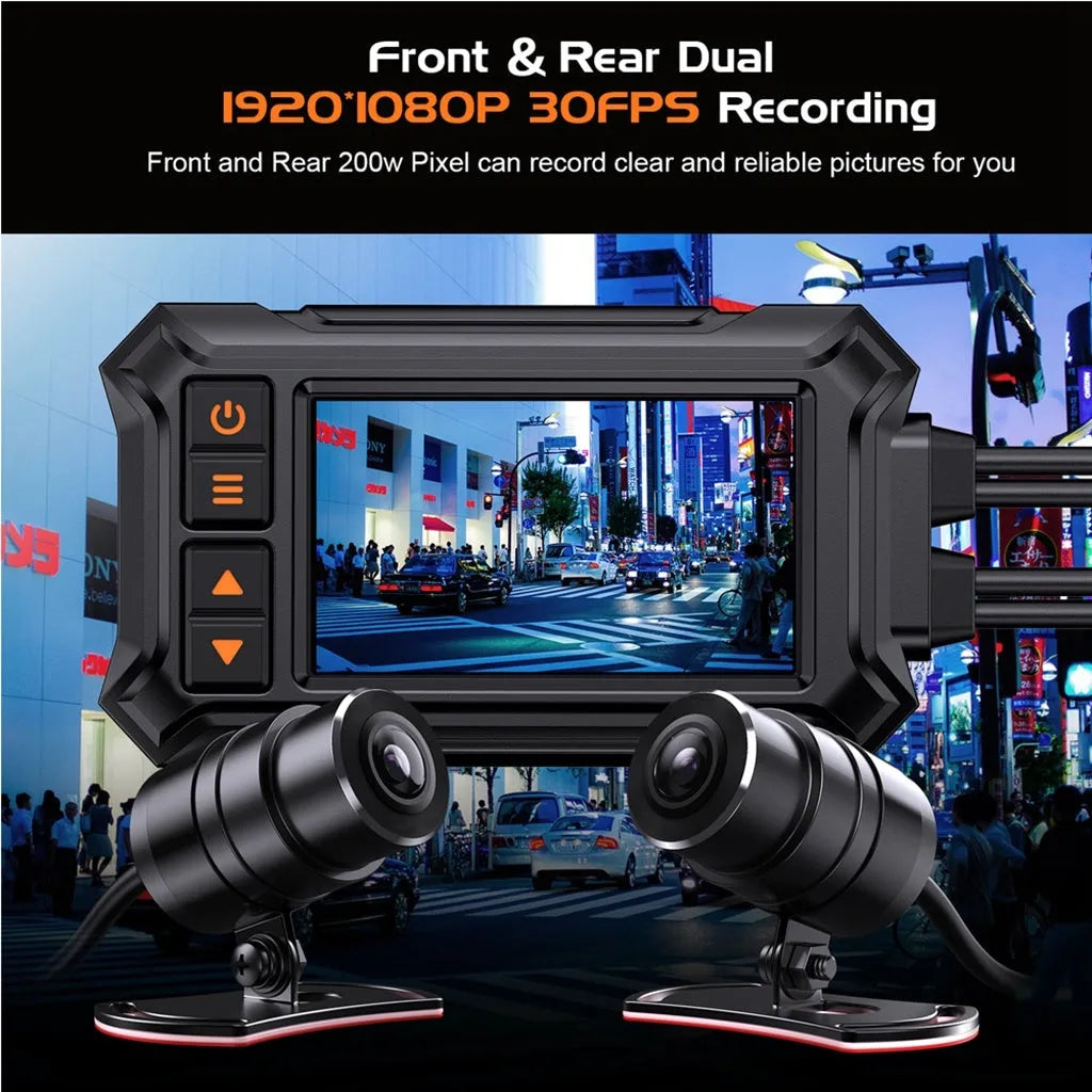 Motorcycle dash camera with dual lenses, 3-inch screen, GPS module, and waterproof housing for front and rear recording
