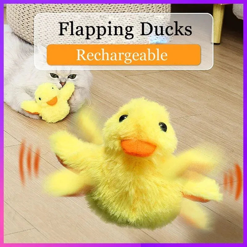 Yellow flapping duck cat toy with chick simulation shape on green background