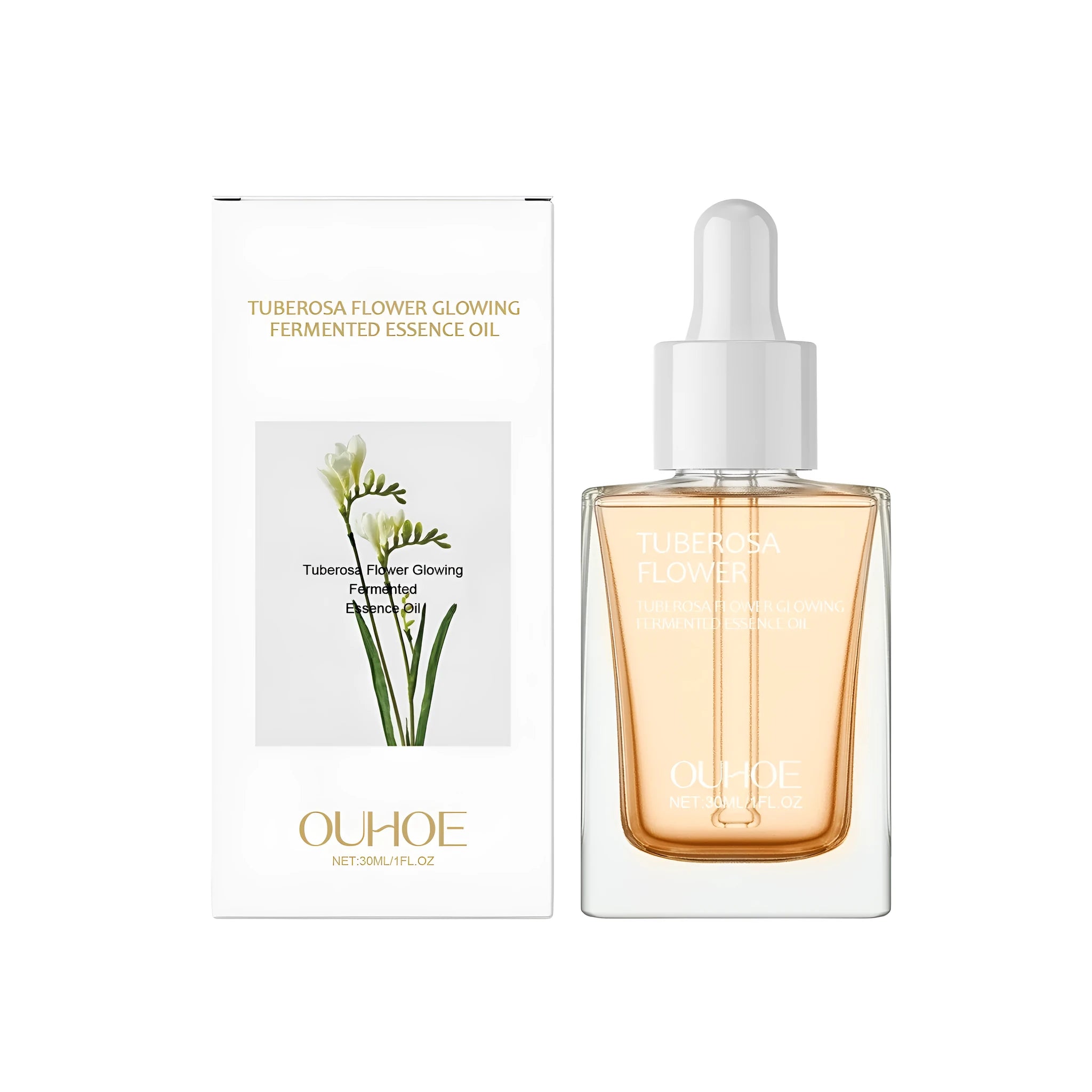 30ml amber glass bottle of tuberose brightening and firming facial oil.