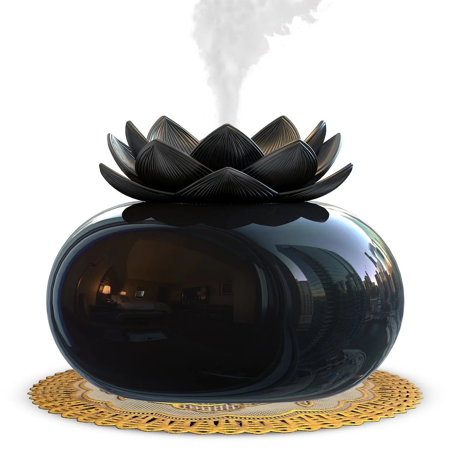 Pure black USB lotus aromatherapy humidifier with ceramic construction and round design