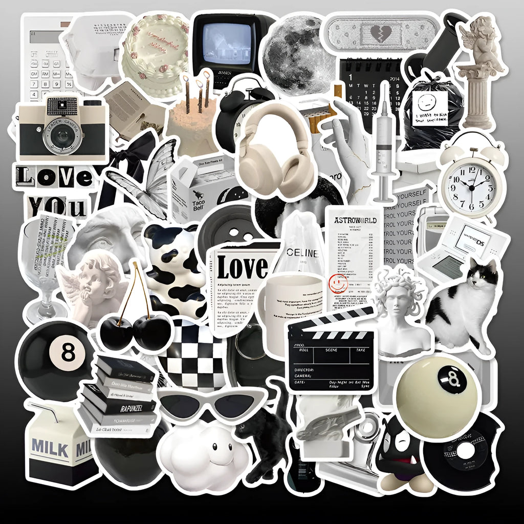Black and white PVC vinyl sticker pack with 61 pieces for laptops and phones