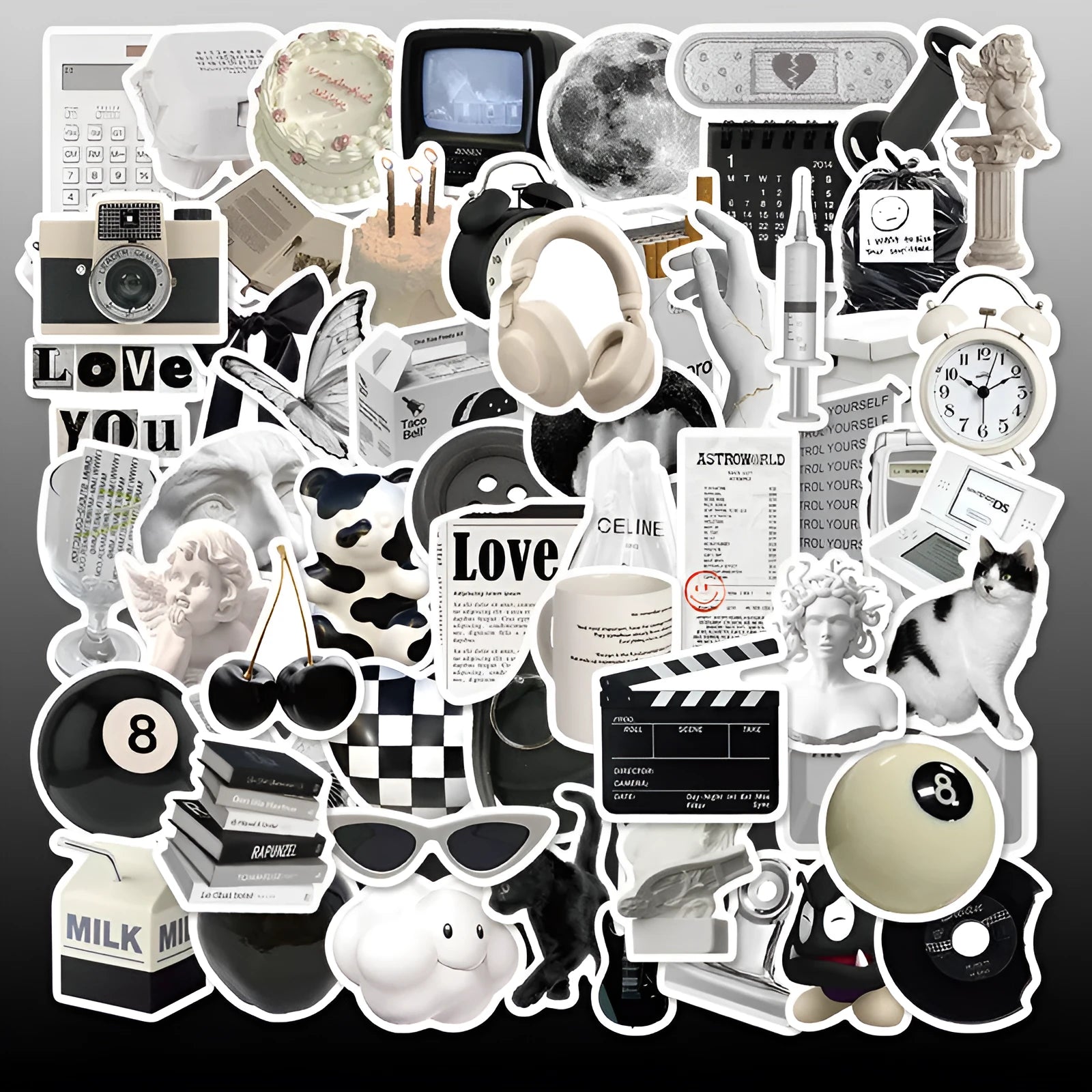 Black and white PVC vinyl sticker pack with 61 pieces for laptops and phones