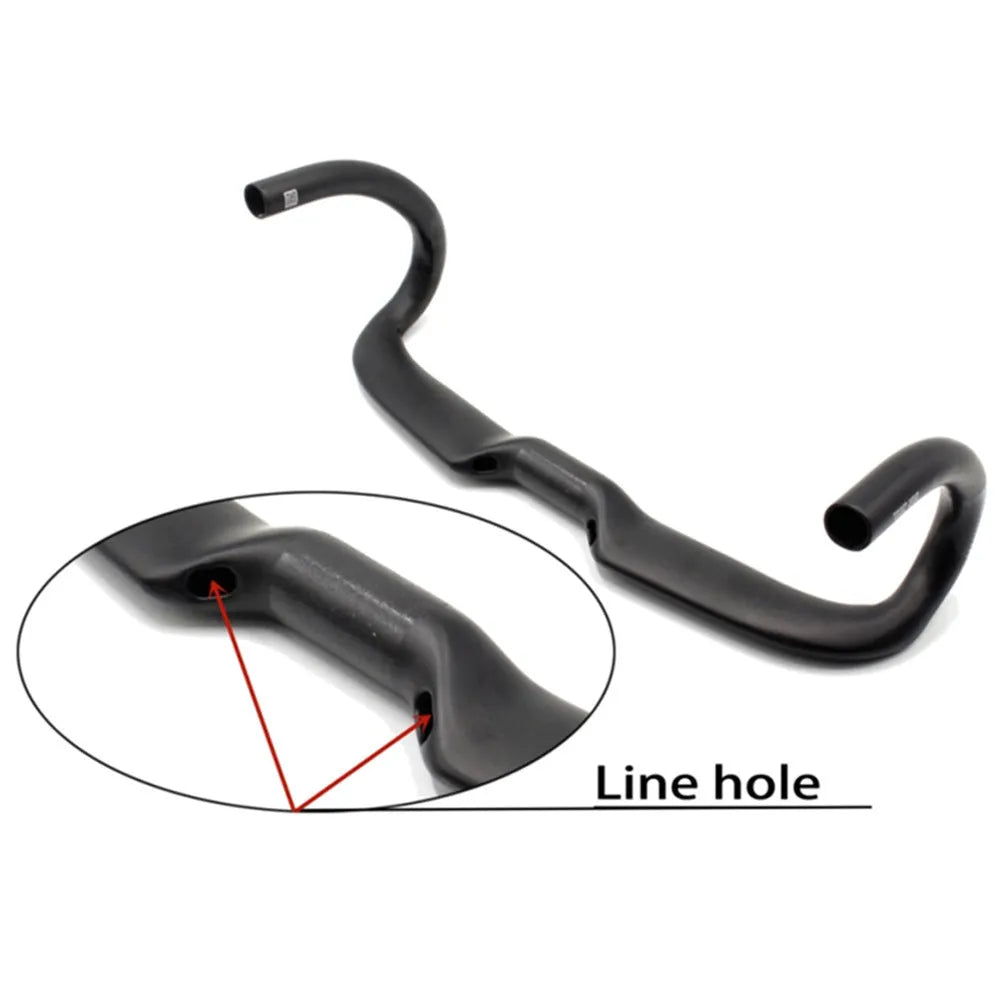 Matt black carbon fibre bent road bicycle handlebar shown from above.