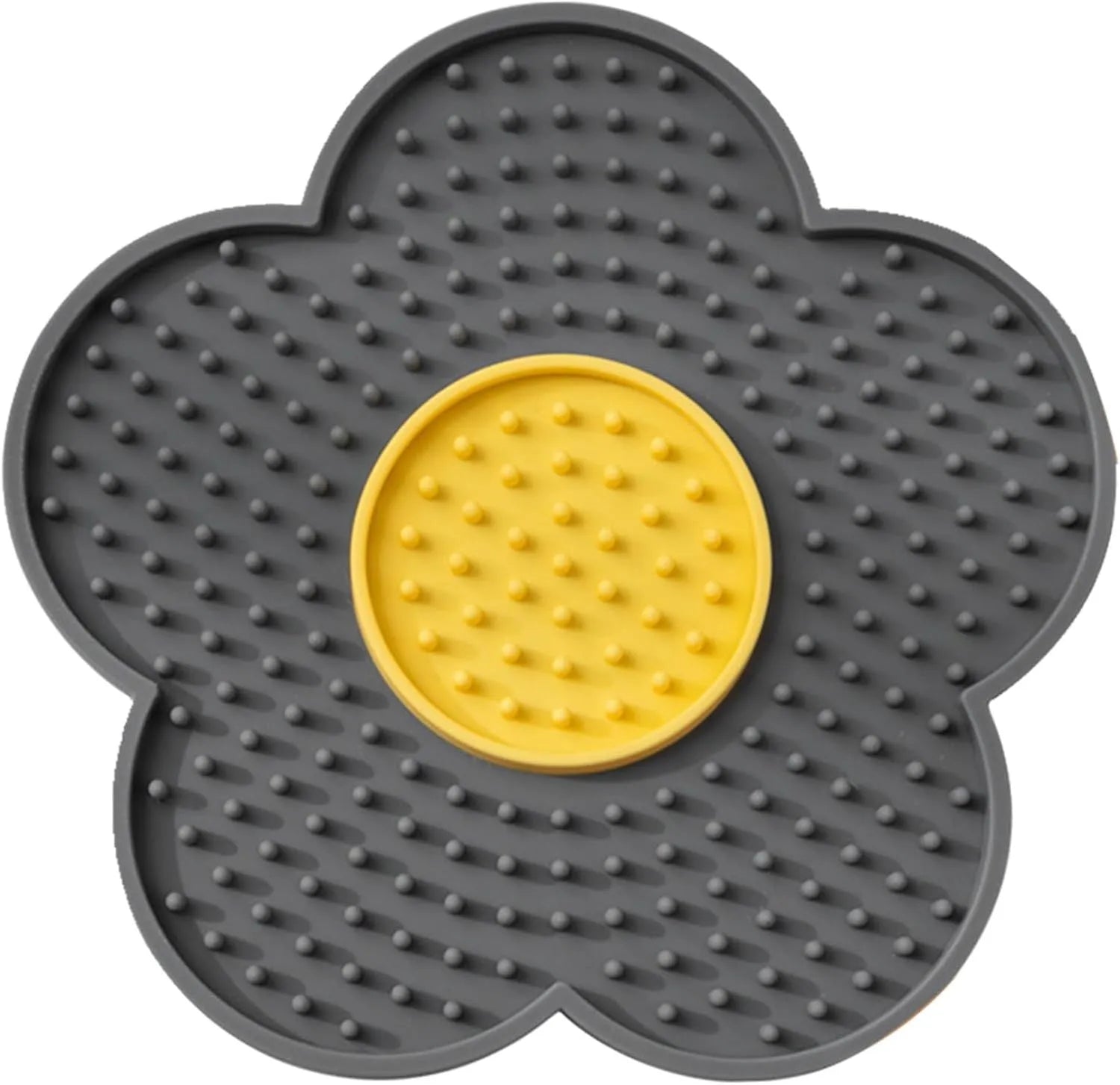 Flower-shaped silicone pet lick pad with suction cup base in assorted colours.