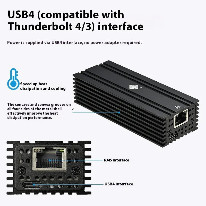 Black USB4 to 10G RJ45 ethernet network adapter with a short cable.