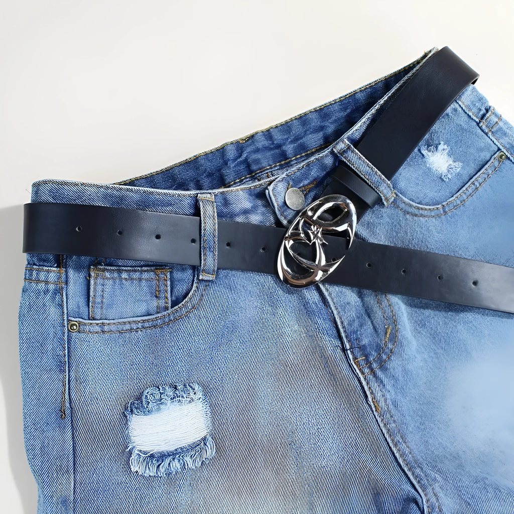 Silver buckle casual belt made from PU leather with snap button fastening, showing 105cm length
