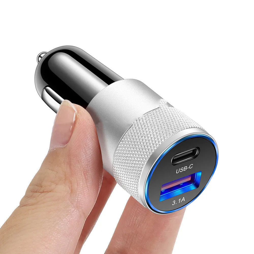 Aluminium alloy mobile phone car charger measuring 2.5 by 6 centimetres