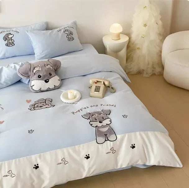 Schnauzer cartoon pattern four-piece bedding set with embroidered details on thickened cotton fabric