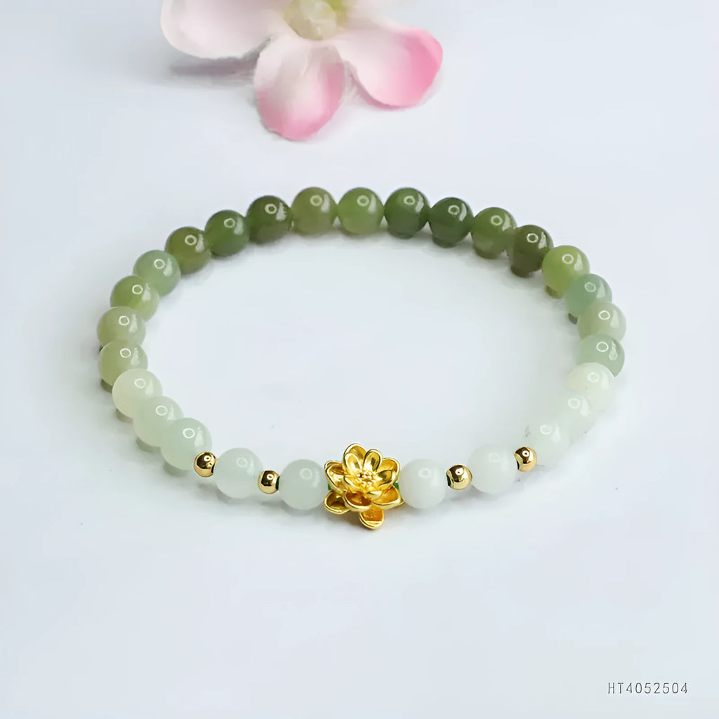 Hand-woven ancient style Hetian jade bracelet with water gradient colours and flower design