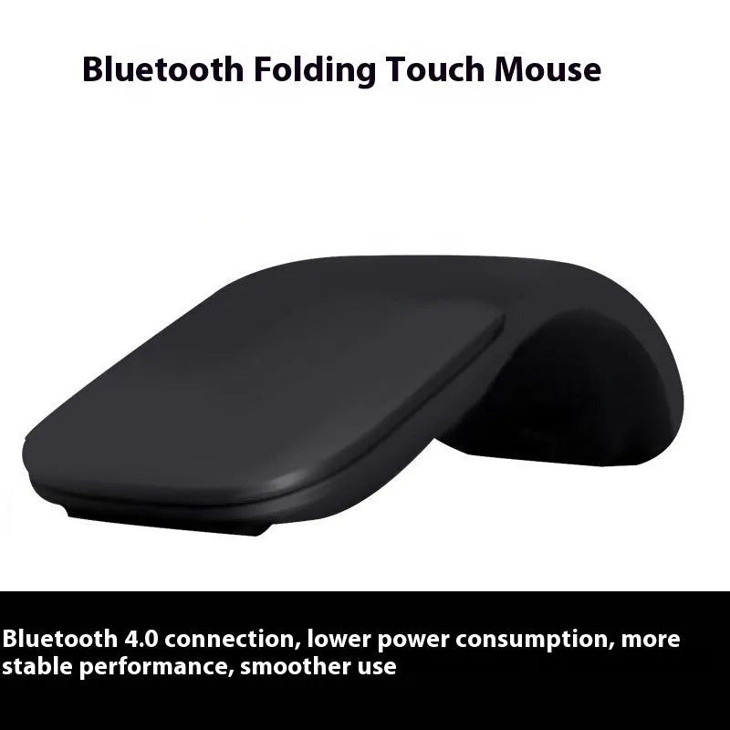 Folding Bluetooth wireless mouse shown in black, demonstrating its compact 131.2mm length and touch surface.