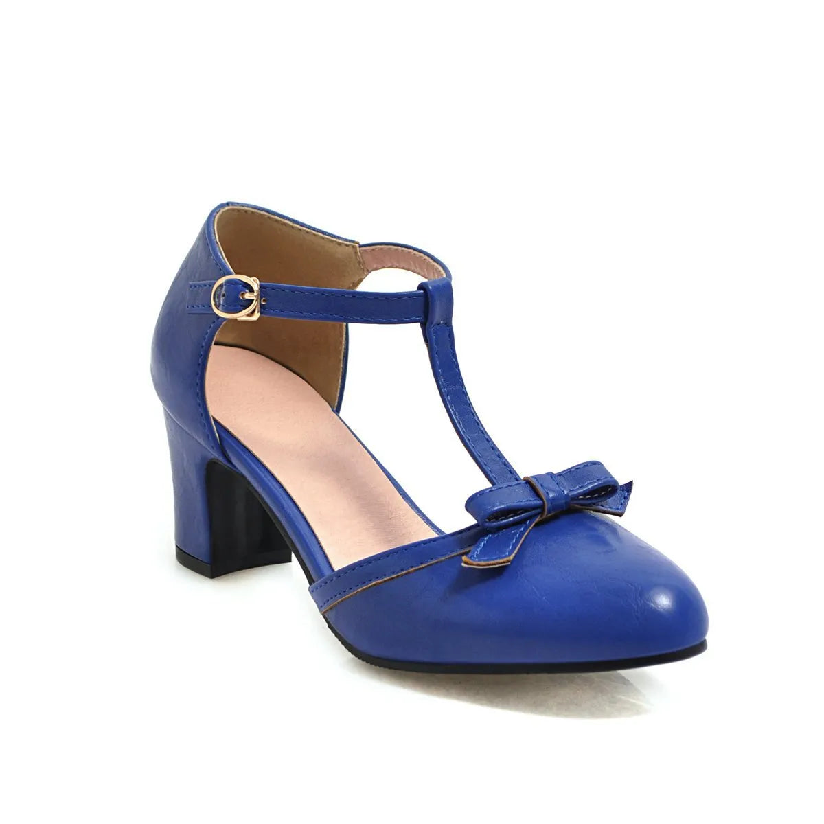 Women's apricot coloured chunky heel sandals with a bow decoration and buckle strap.