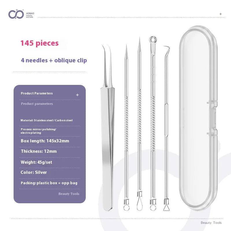Four metal acne needles with ultra-fine pointed tips laid out in a set.