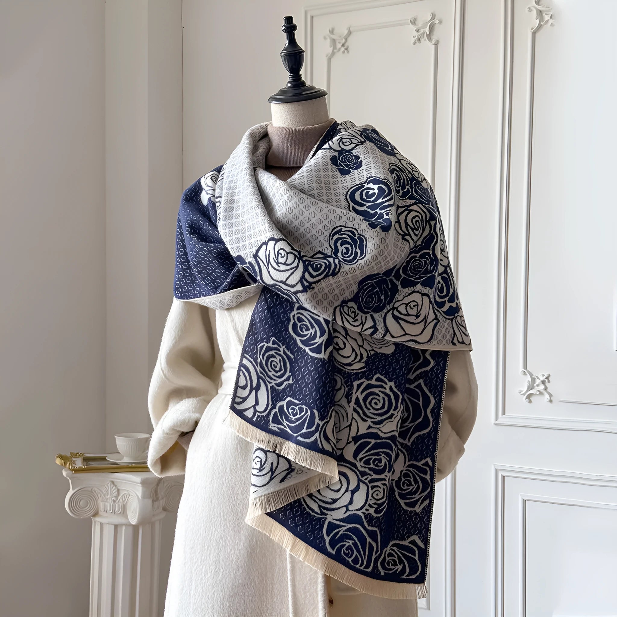 Imitation cashmere winter scarf with tassel detailing in grey colour, measuring 185cm by 65cm