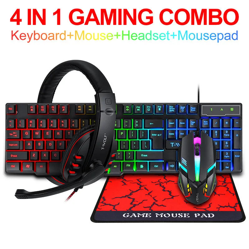 Thunder Wolf wired gaming keyboard and mouse bundle with headset and mouse pad on desk