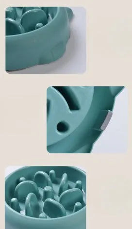 Green pet slow feeder bowl with raised internal ridges to slow eating for dogs and cats.