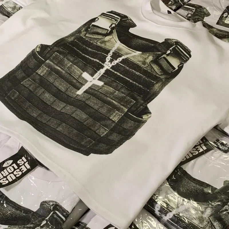 Printed cotton short sleeve t-shirt with retro street style and drop-shoulder sleeves on a hanger