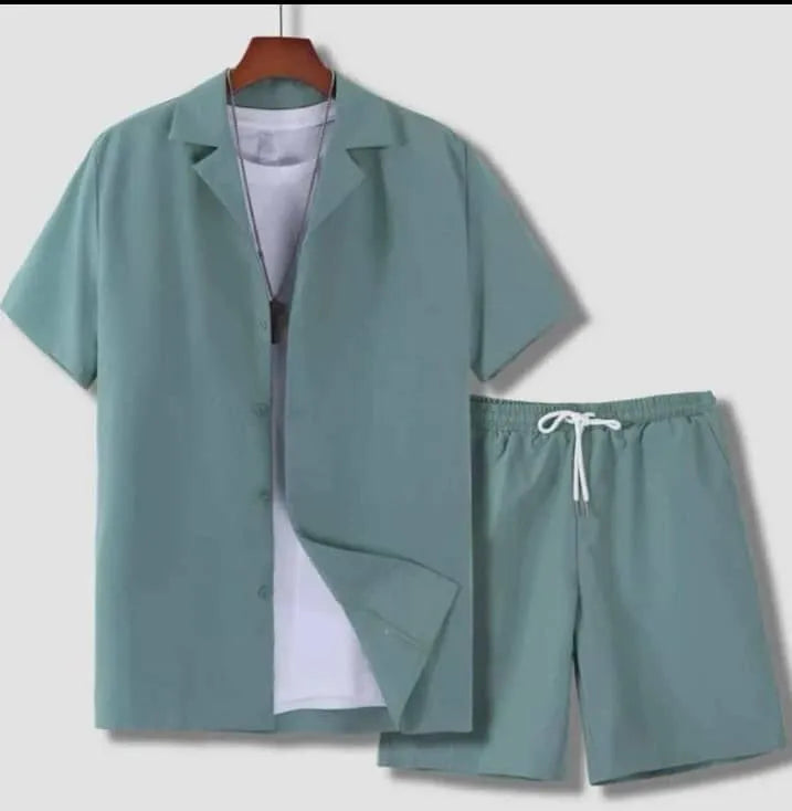 Men's white short sleeve Cuban collar sport shirt and matching shorts set on a hanger