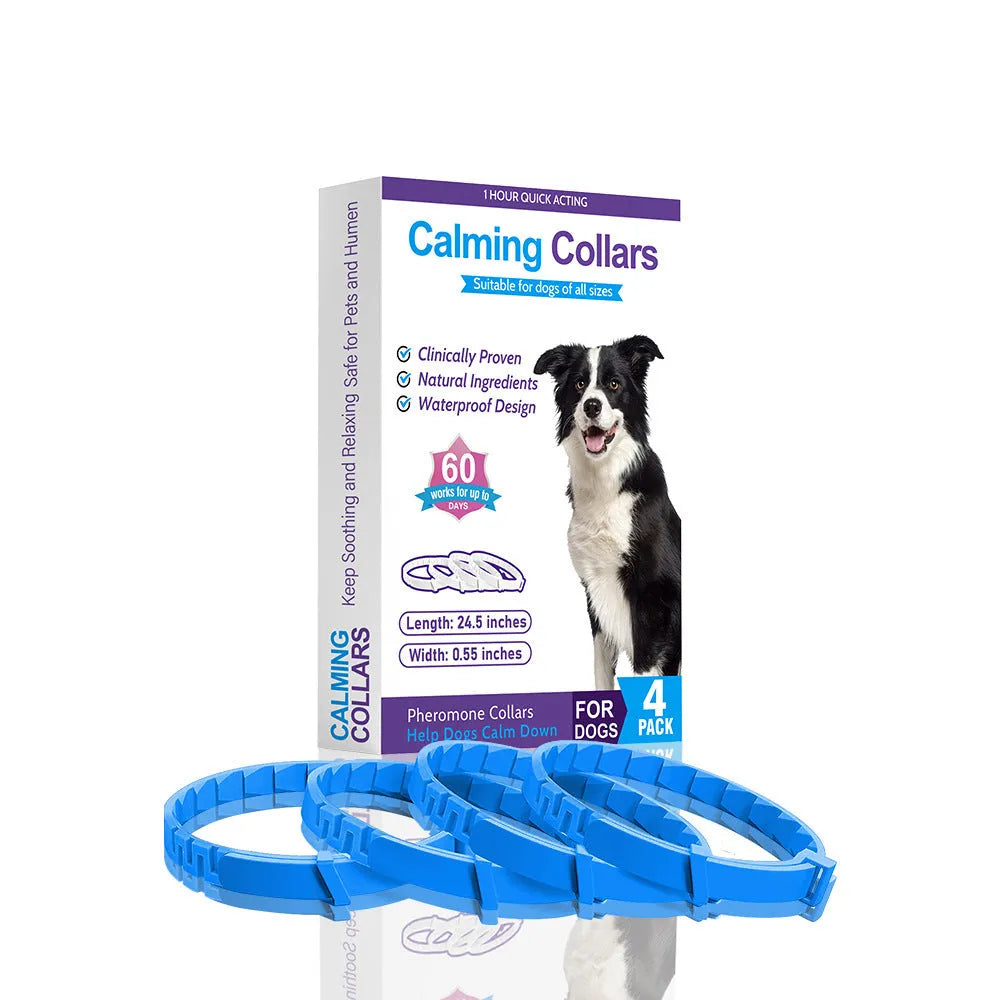 Four dog anxiety relief collars in different colours with Chinese-style patterns and adjustable clasps