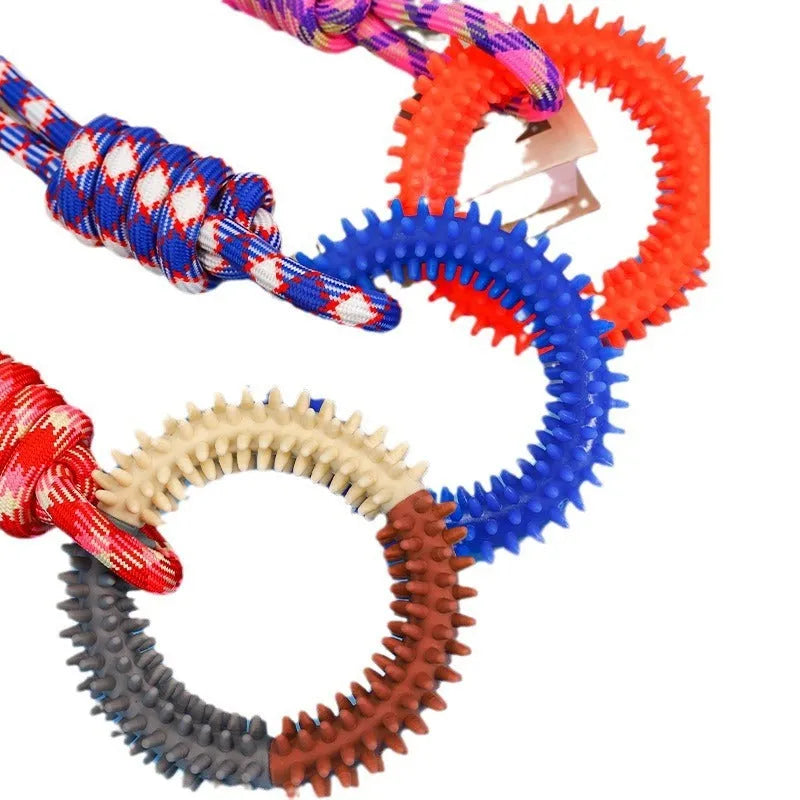 Blue, red, and rose red braided rope puppy knot dog toy showing knotted design