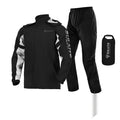 Motorcycle rain suit with split jacket, rain pants, shoe covers and storage bag