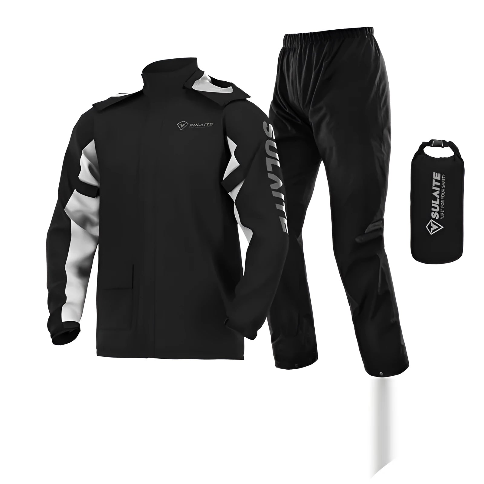 Motorcycle rain suit with split jacket, rain pants, shoe covers and storage bag