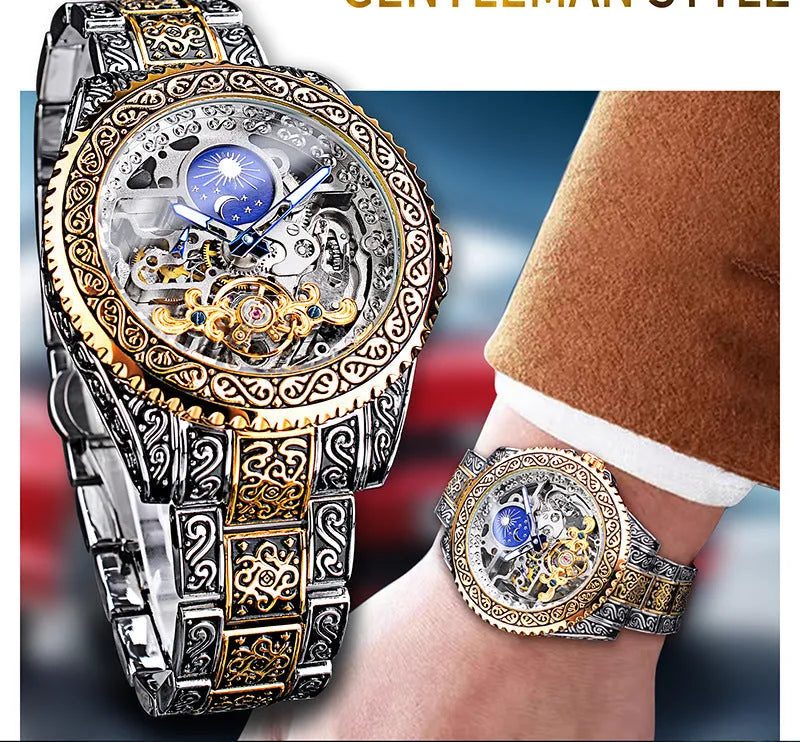 Forsining skeleton tourbillon mechanical watch with yellow gold stainless steel case and visible movement