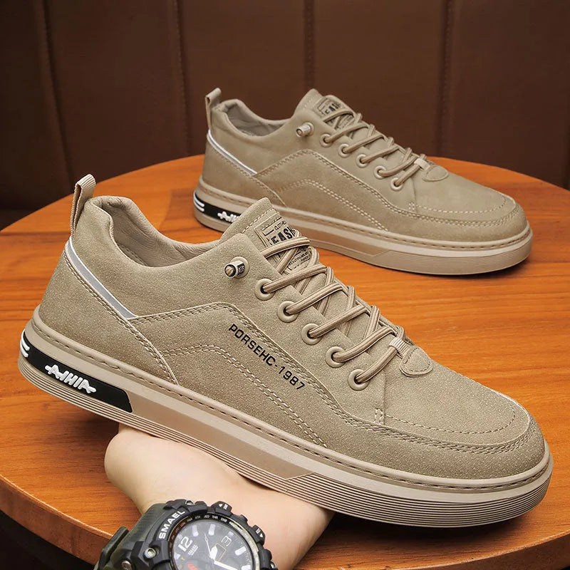 Men's black waterproof casual work shoes with non-slip rubber soles and artificial PU upper