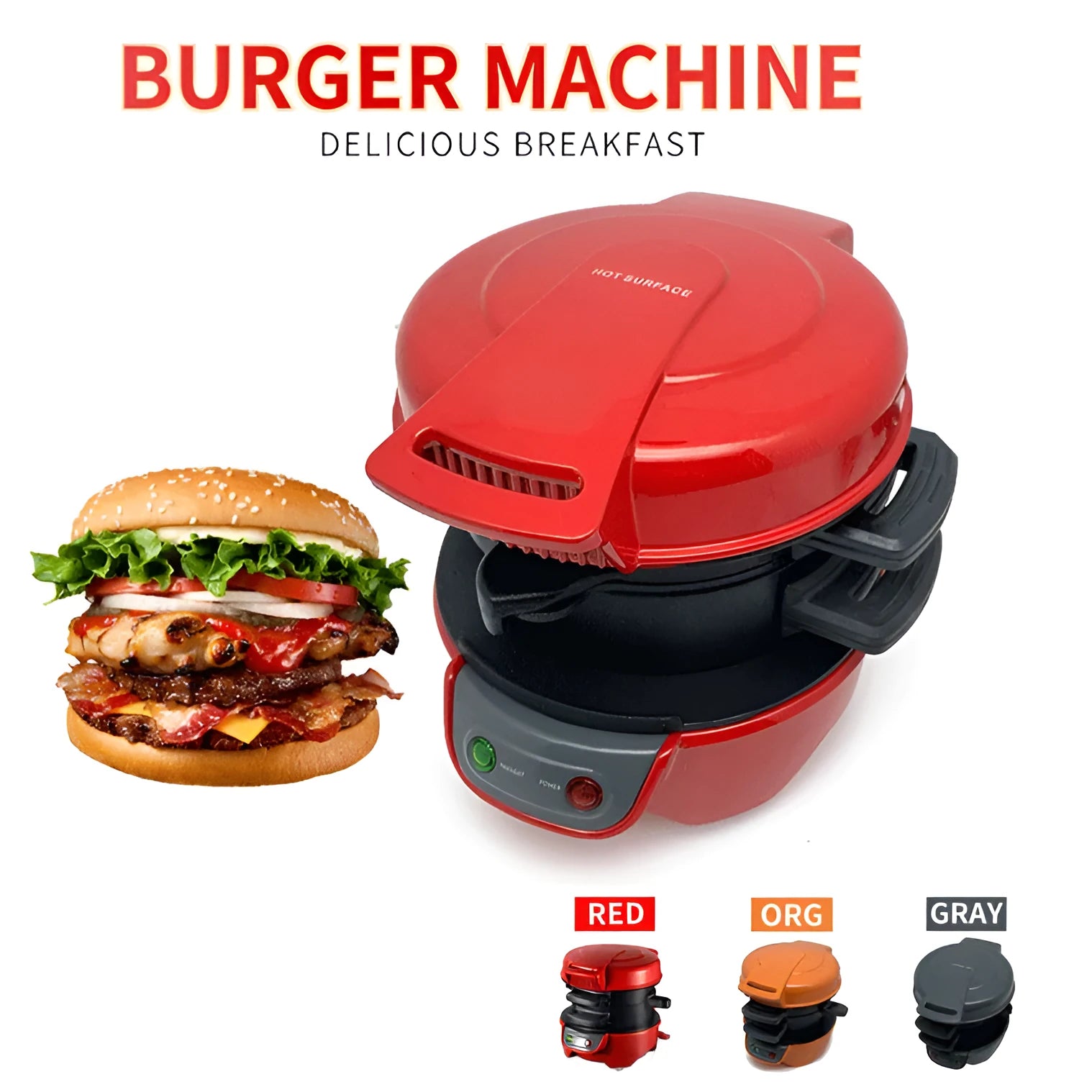 Bright red household breakfast machine sandwich maker with egg cooker ring and two baking trays.