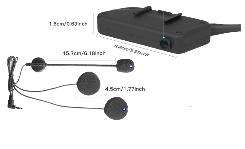 Motorcycle helmet Bluetooth intercom V6 Pro unit with headphone, mounting clip, and charging cable