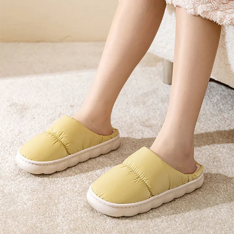 Down cotton slippers with artificial leather upper and thick rubber soles in multiple colour options