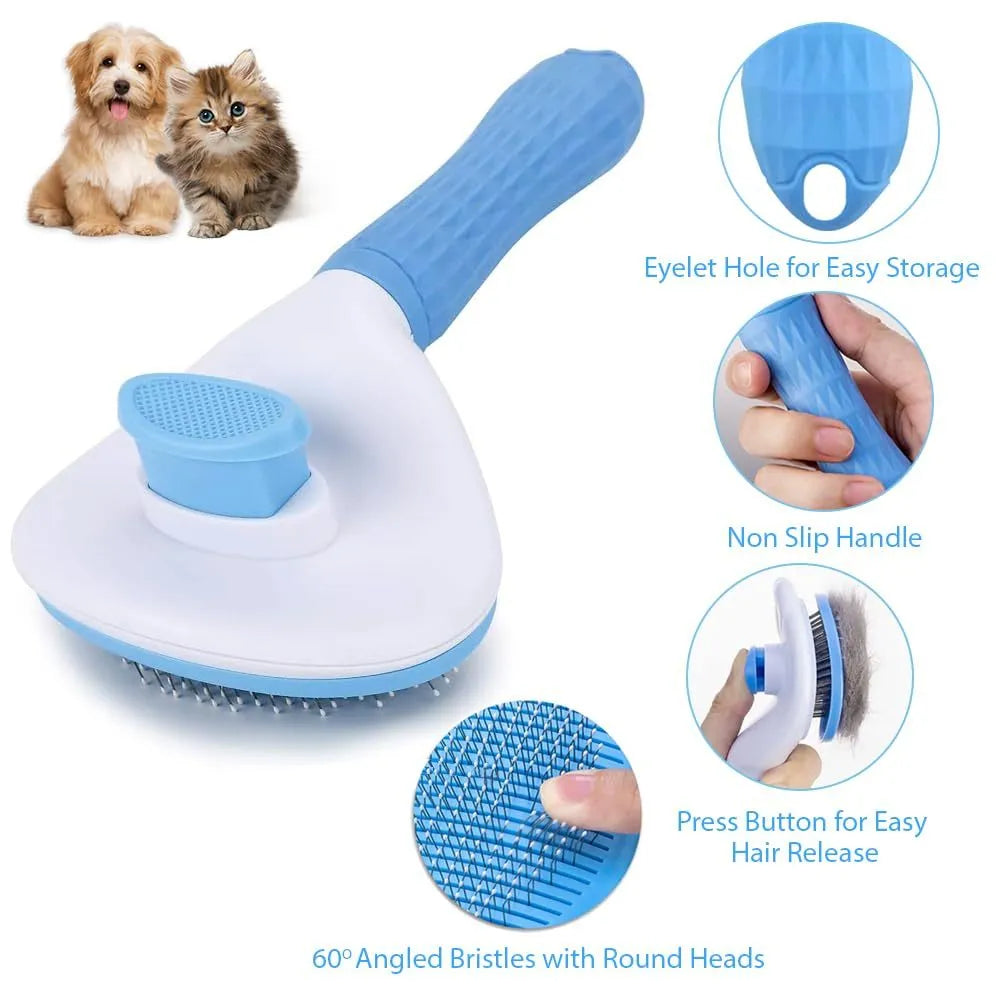 Cat grooming brush with release button in blue, grey, or pink colours for removing loose hair